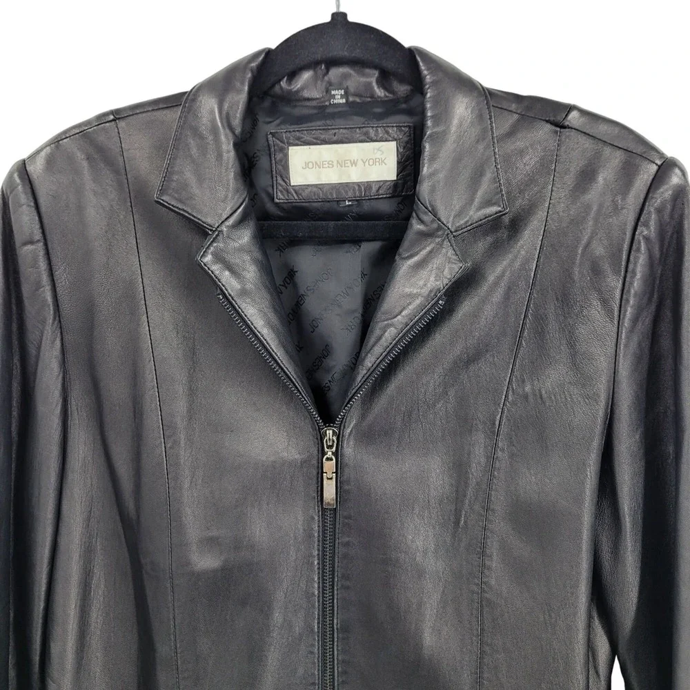 Vtg 90s Jones New York Buttery Leather Moto Blazer Jacket Coat L Black Zip Up‎